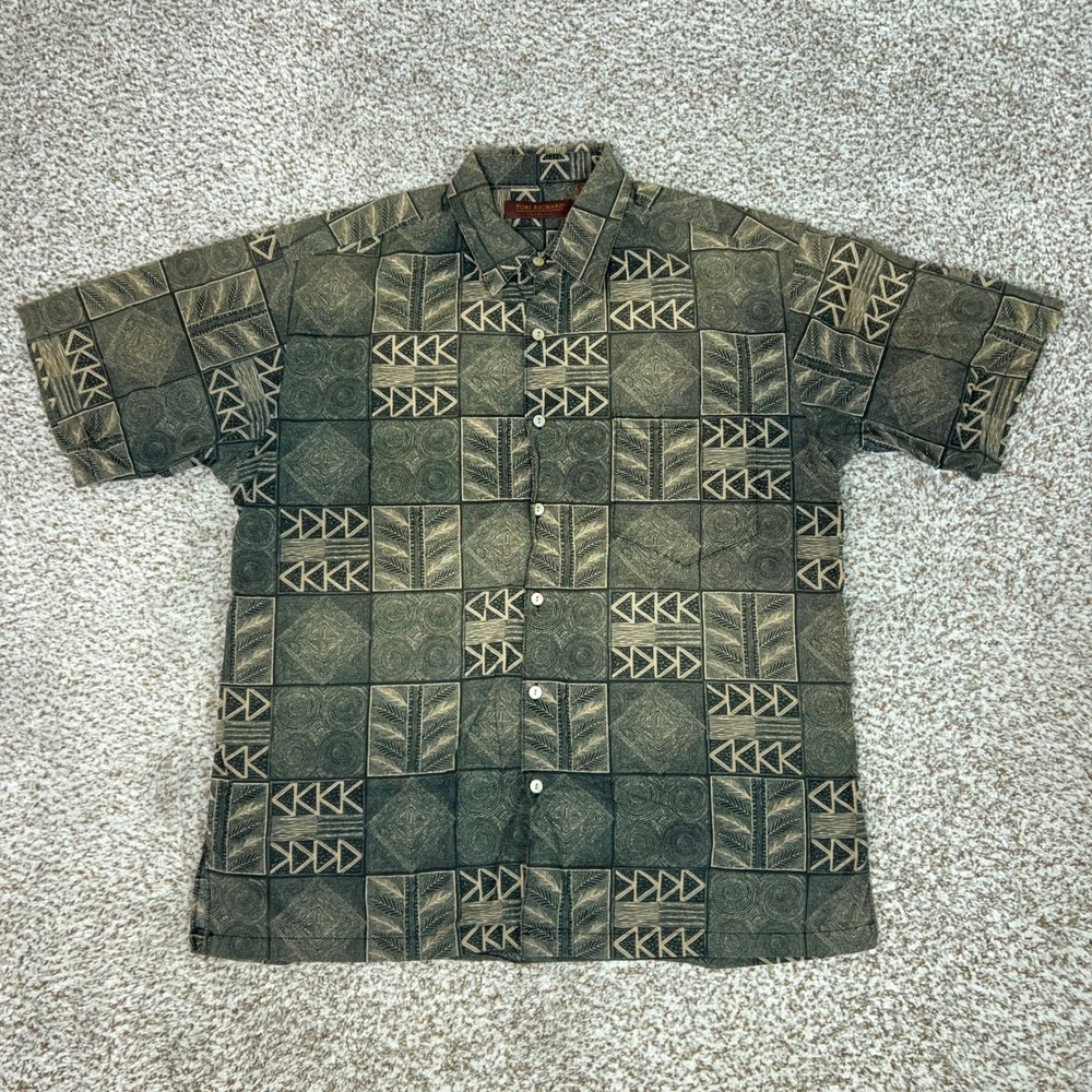 Tori Richard Shirt Mens Medium Green Casual Aloha Geometric Cotton Lawn Hawaiian